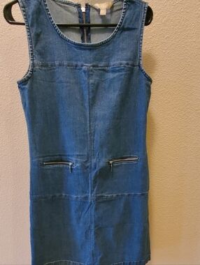 Hope & Harlow Sleeveless Denim Zip-Pocket Shift Dress - Blue Mini Size 6.